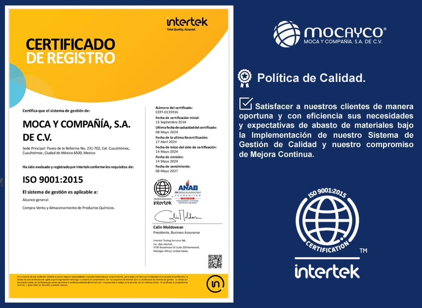 Certificado y política de calidad ISO 9001:2015 de MOCAYCO